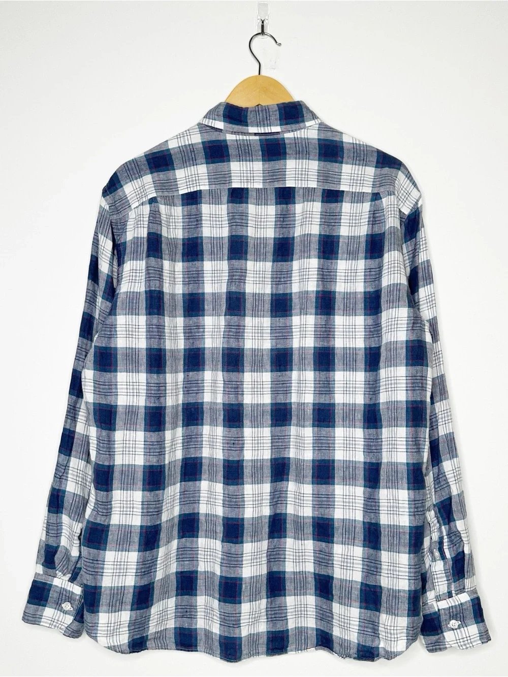 J. Crew Baird McNutt Irish Linen Plaid Shirt Mens XL Slim Blue White Button Down